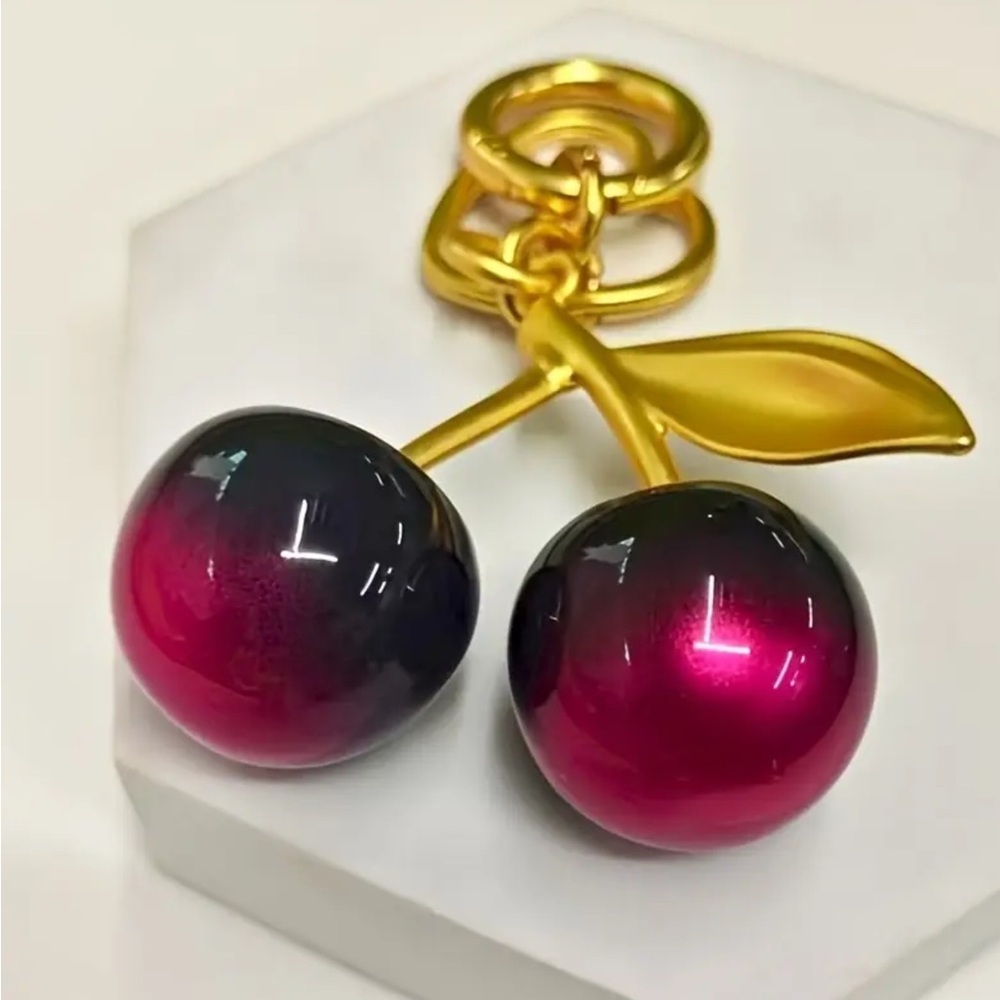 Elegant Gold and Pink Cherry Keychain